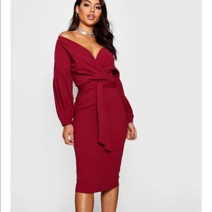 Off the Shoulder Wrap Midi Dress